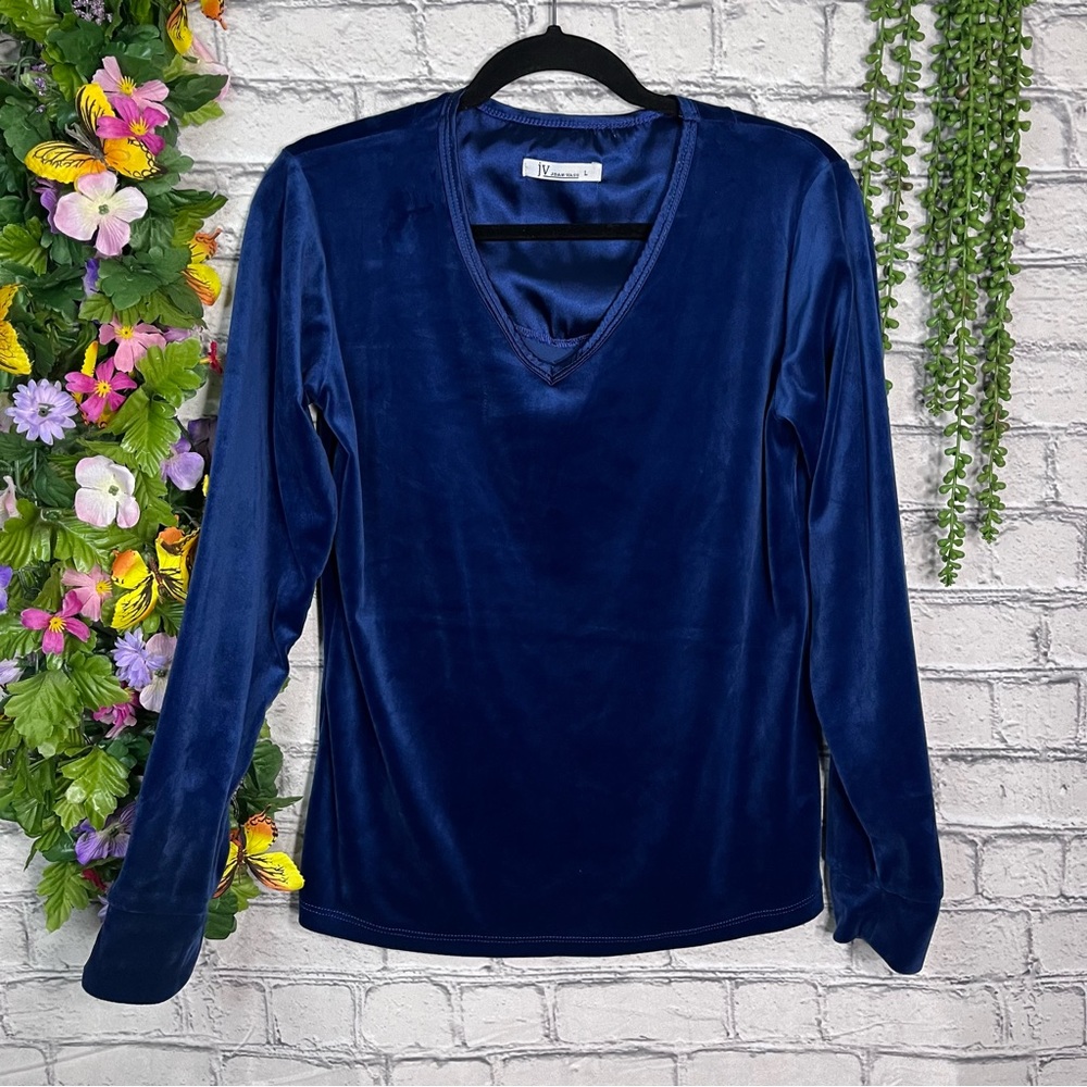~💙2/$40💙Joan Vass Royal Blue Velvet/Velour Long Sleeve V Neck Top Size Large